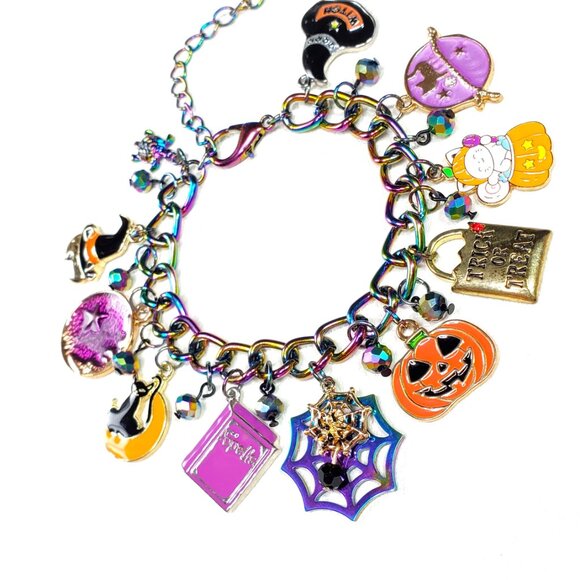 Halloween Charm Bracelet, Pumpkins, Ghost, Spider Webs, Cat, Spell Book - Picture 5 of 10